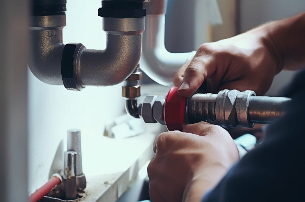 Techniker repariert ein Wasserrohr unter dem Waschbecken.